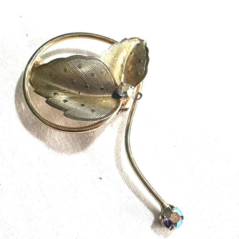 Vintage Leaf Brooch Pin Aurora Borealis Beads Gold Tone Metal Open Circle